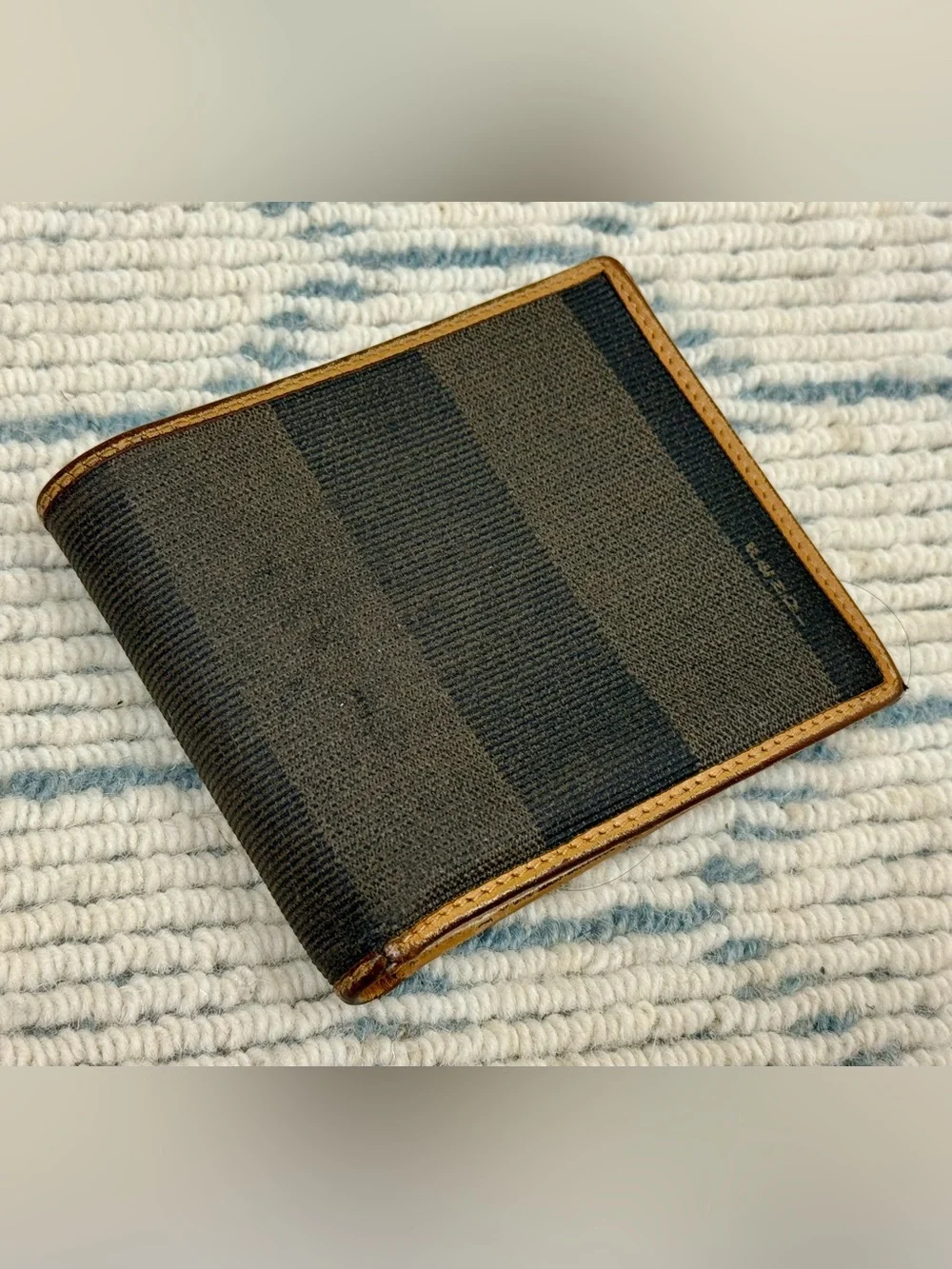 FENDI Vintage 80’s Unisex Classic Pequin Striped Canvas Brown Leather Bi Wallet - Picture 3 of 16